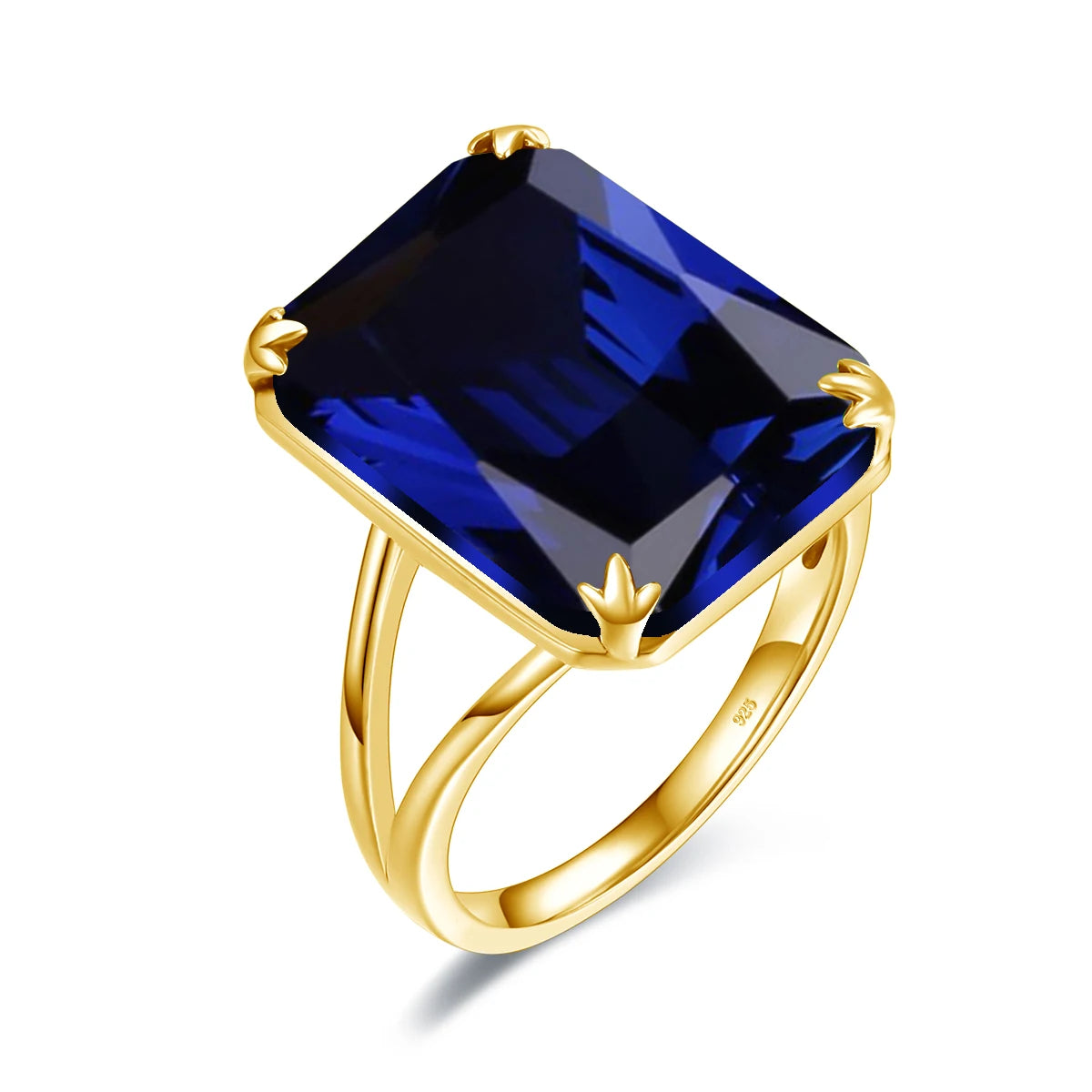 Gold rings with large square-cut gemstones in amethyst purple, deep sapphire blue, icy aquamarine, and bright sky blue on a light blue background
