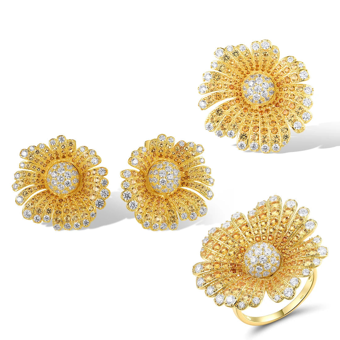 Gold-toned jewelry set with large daisy-like floral designs fully encrusted with clear crystals