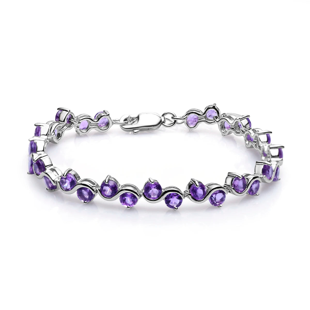 Silver bracelet with curved links set with round-cut purple amethyst stones