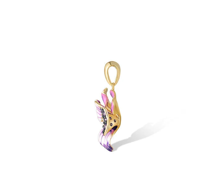 Gold jewelry set with violet enamel pansy flowers and pavé purple stones, including earrings, pendant, and matching ring