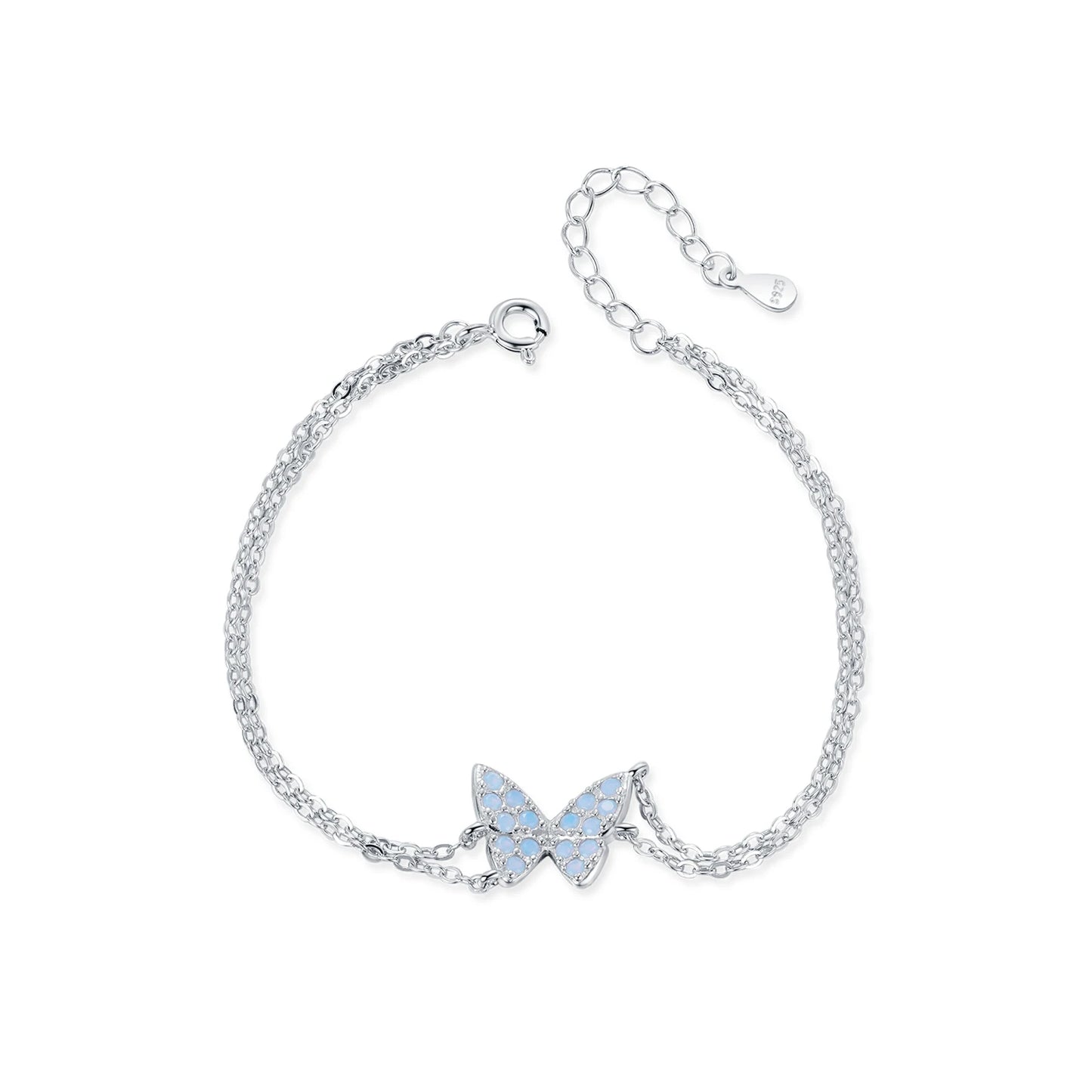 Delicate silver bracelet with a central opal butterfly charm and fine double chain