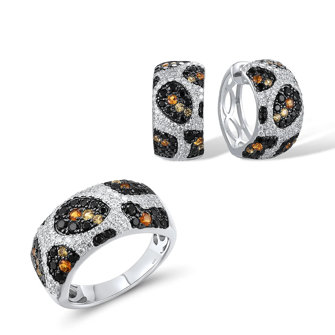 Matching jewelry set with leopard-inspired design in silver and gemstone accents, including ring and earrings, titled Pardus Lux.