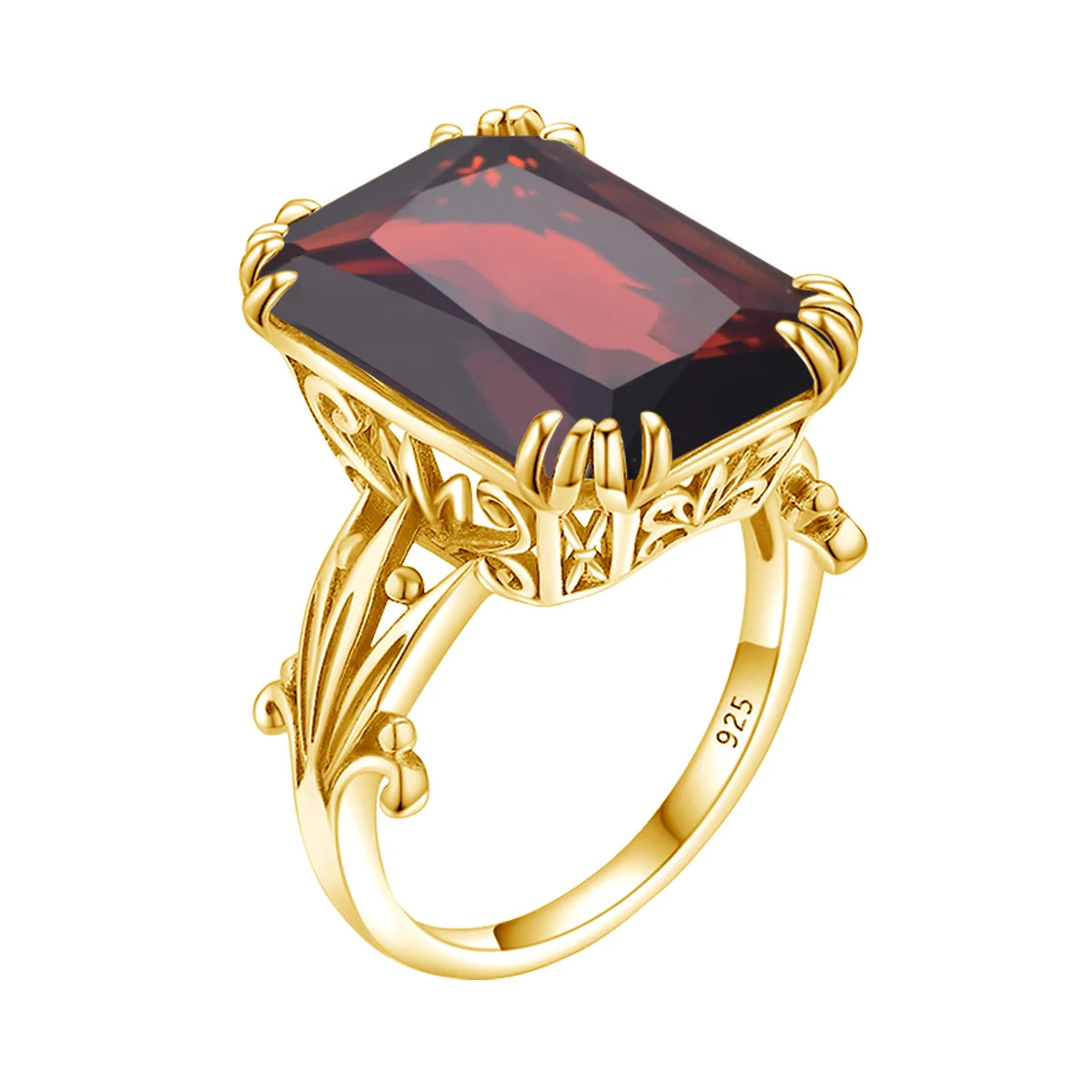 Three bold square-cut gemstone rings in red, crimson, and soft rose pink, set in gold-plated bands from the Rossa collection.