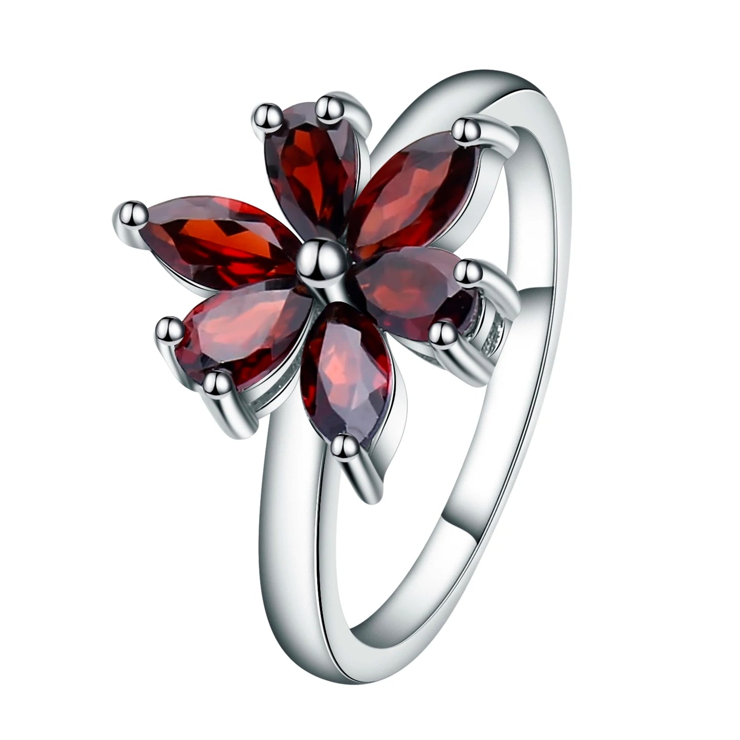 Silver ring featuring a flower design made of six marquise-cut deep garnet-red stones, from the Rossa Collection.