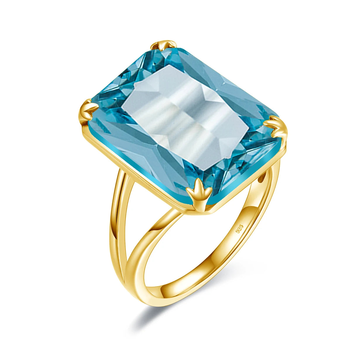 Gold rings with large square-cut gemstones in amethyst purple, deep sapphire blue, icy aquamarine, and bright sky blue on a light blue background