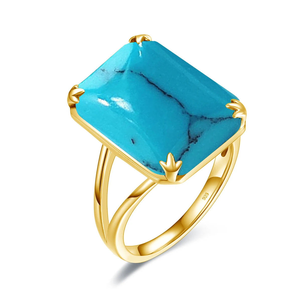 Gold rings with large square-cut gemstones in amethyst purple, deep sapphire blue, icy aquamarine, and bright sky blue on a light blue background