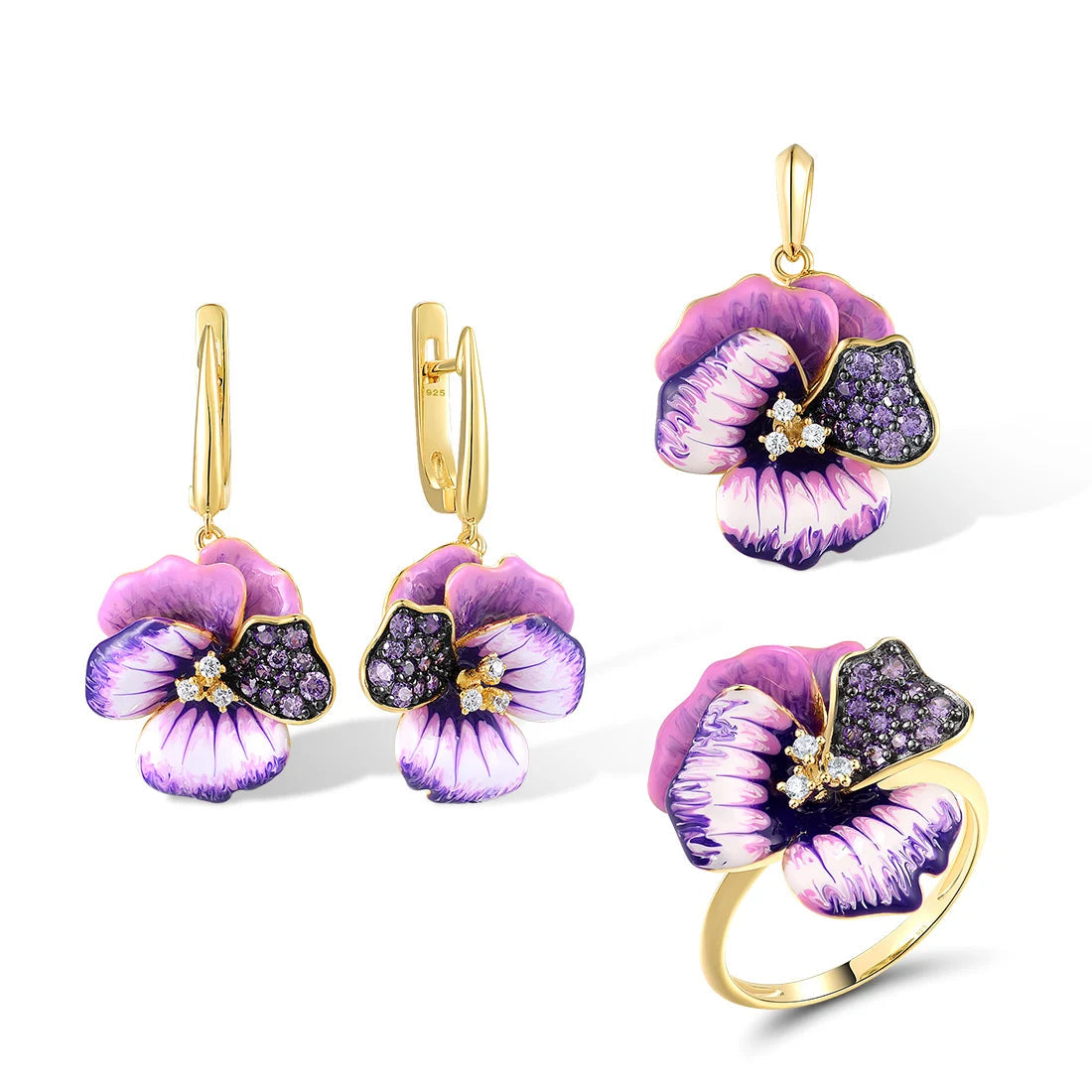 Gold jewelry set with violet enamel pansy flowers and pavé purple stones, including earrings, pendant, and matching ring