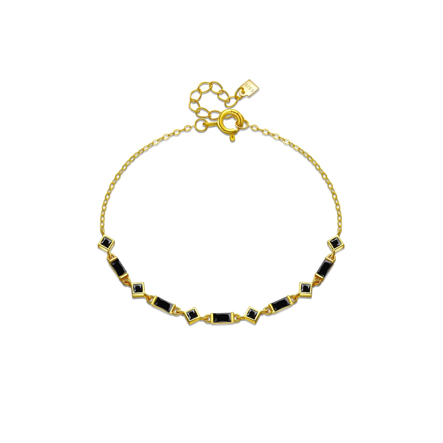Silver bracelet with alternating square and rectangular black stones on a fine chain, from the Vindemia line.