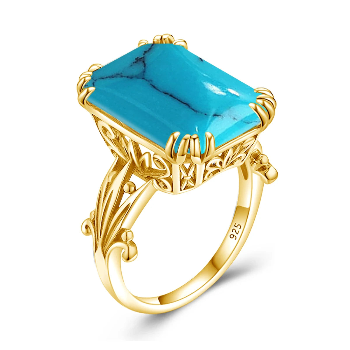 Gold rings with large square-cut gemstones in amethyst purple, deep sapphire blue, icy aquamarine, and bright sky blue on a light blue background