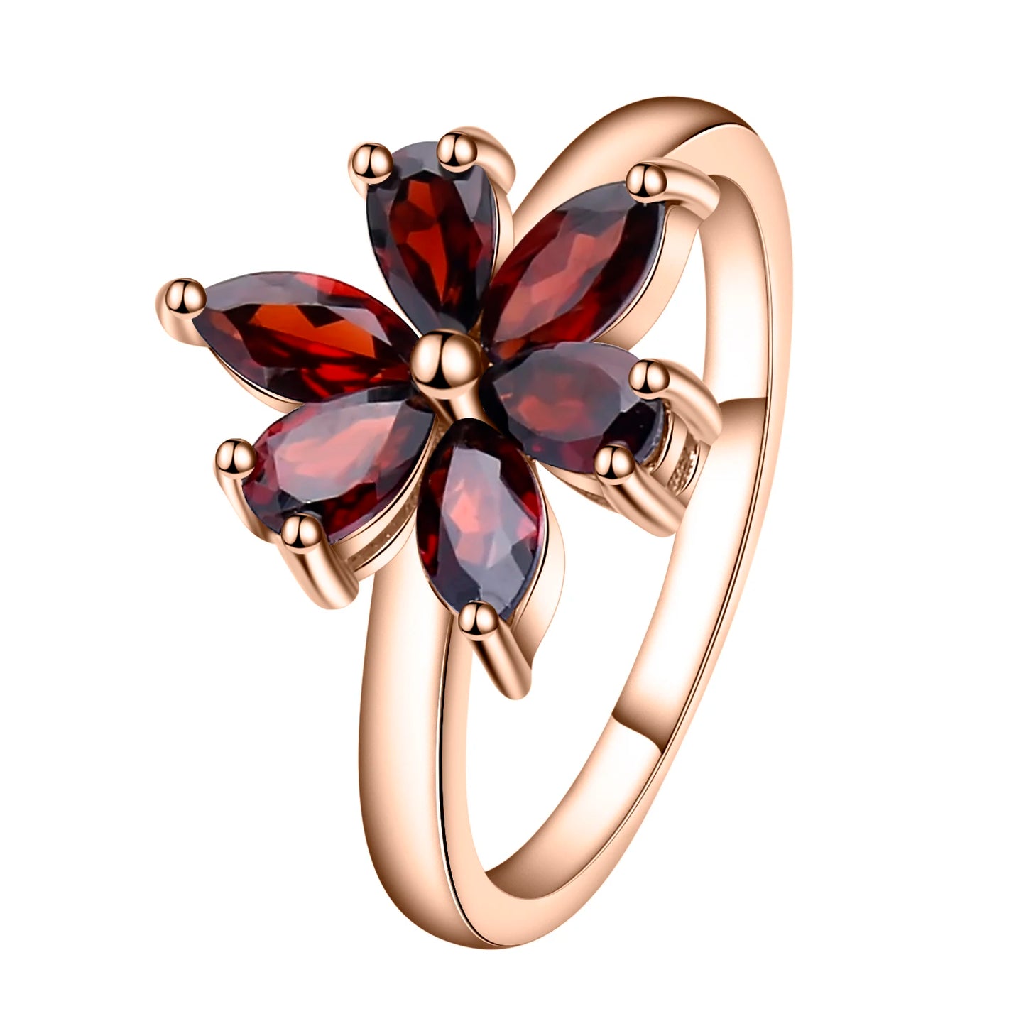 Silver ring featuring a flower design made of six marquise-cut deep garnet-red stones, from the Rossa Collection.