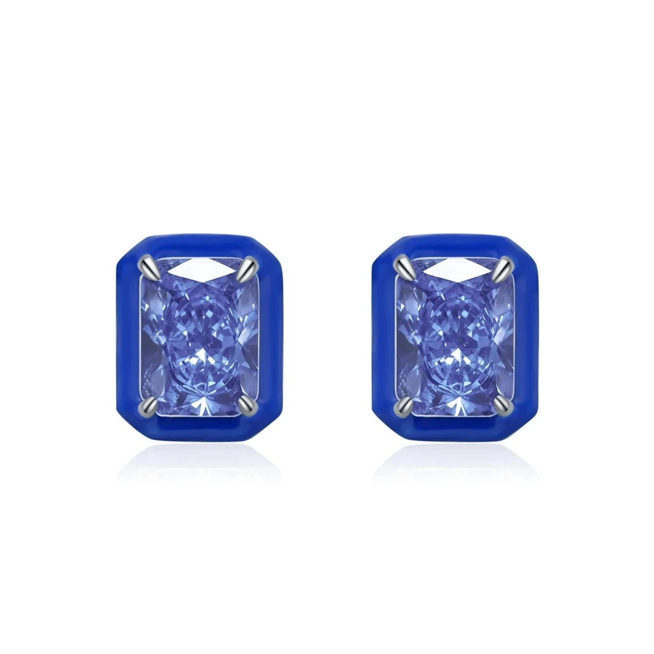 Set of three sterling silver stud earrings with deep blue, aqua, and lavender stones framed in coloured enamel
