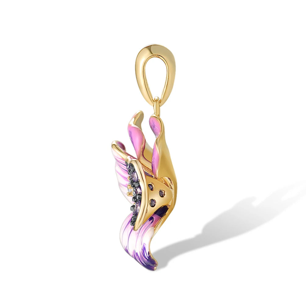 Gold floral pendant with layered violet and cream enamel petals, accented by purple pavé stones and small white crystals