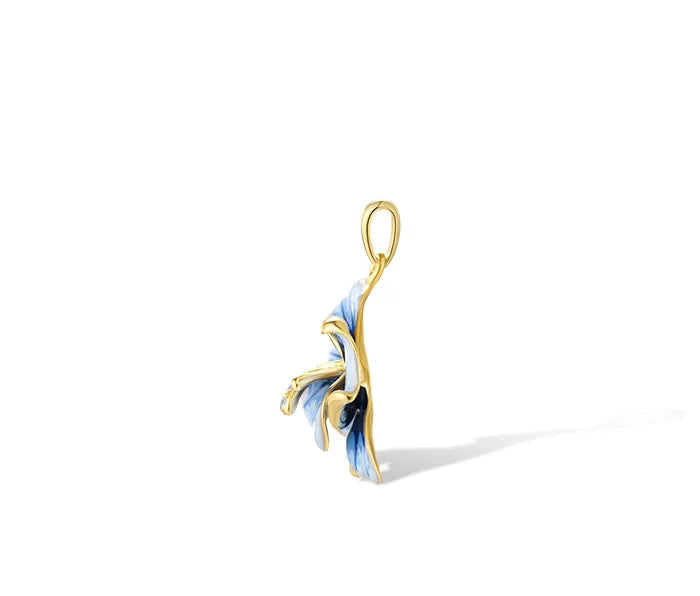 Jewelry set with hand-painted blue flower designs in gold-tone metal, featuring crystal accents