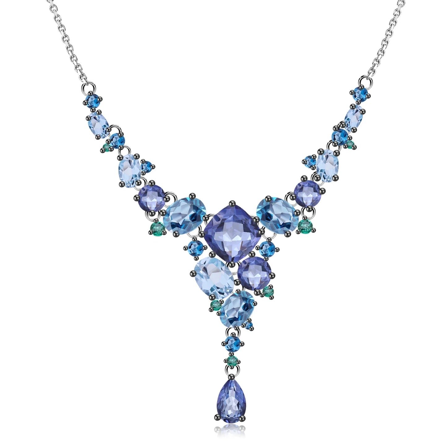 Necklace with gradient blue and green gemstones arranged in an organic cascading pattern