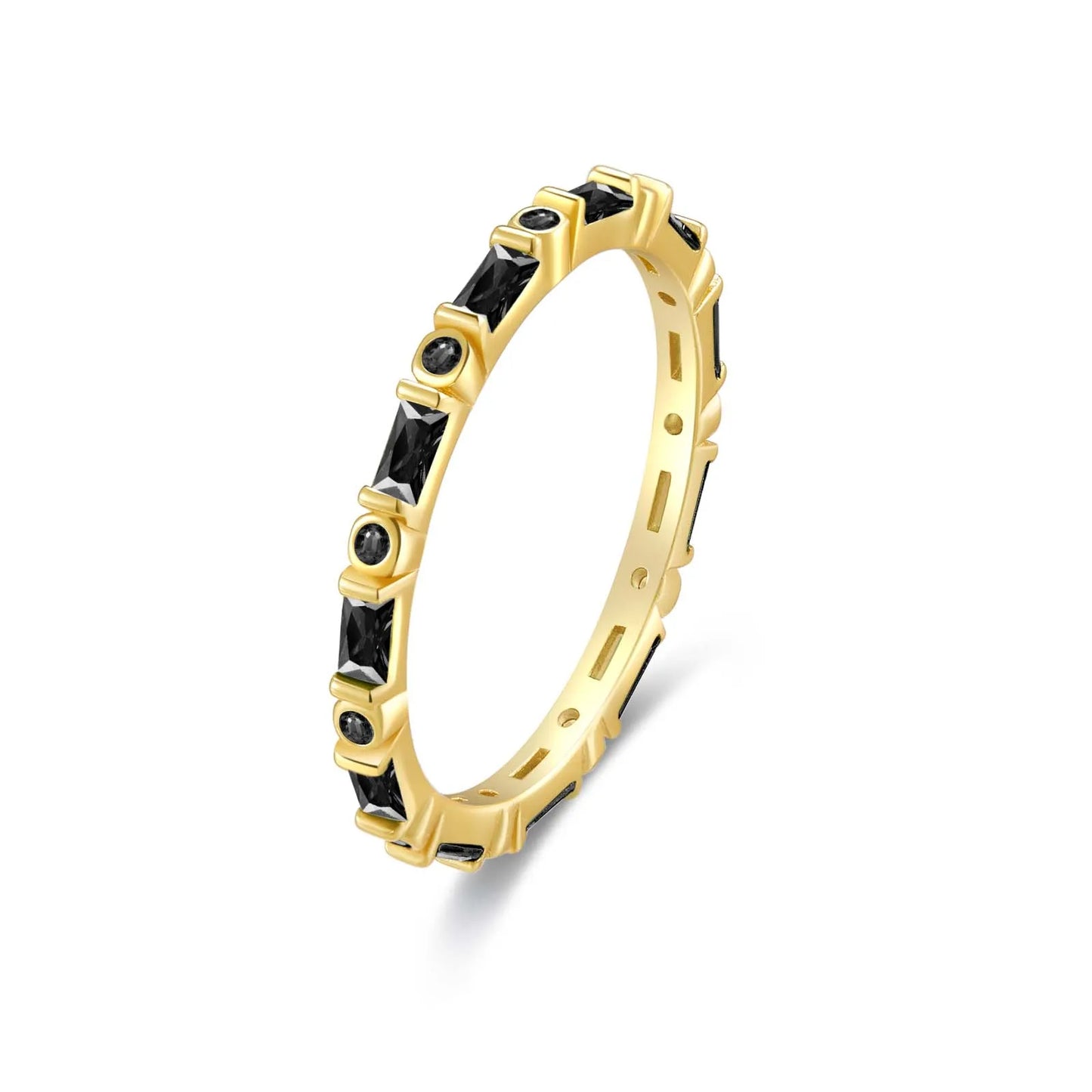 Gold ring with alternating black baguette and round stones in eternity style