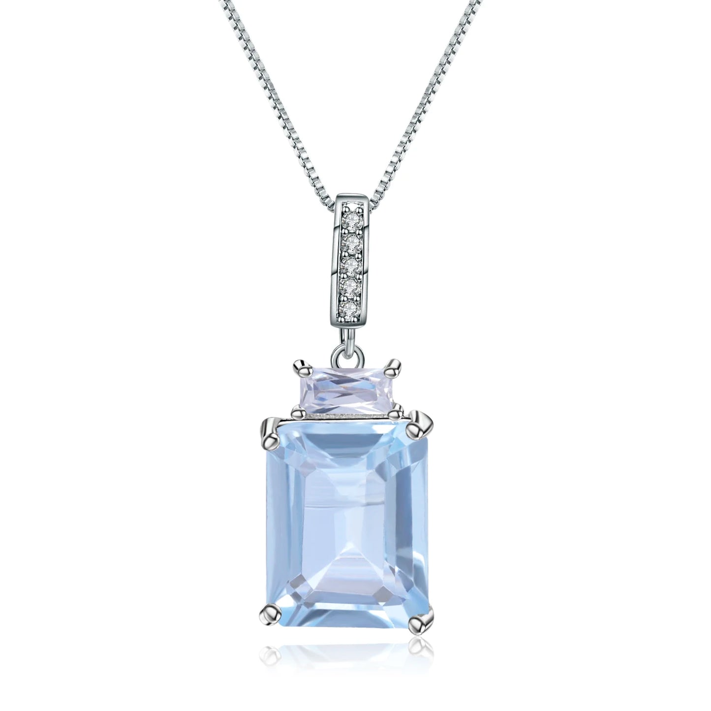 Sterling silver necklace with rectangular and baguette-cut light blue gemstones and a pavé-set bail