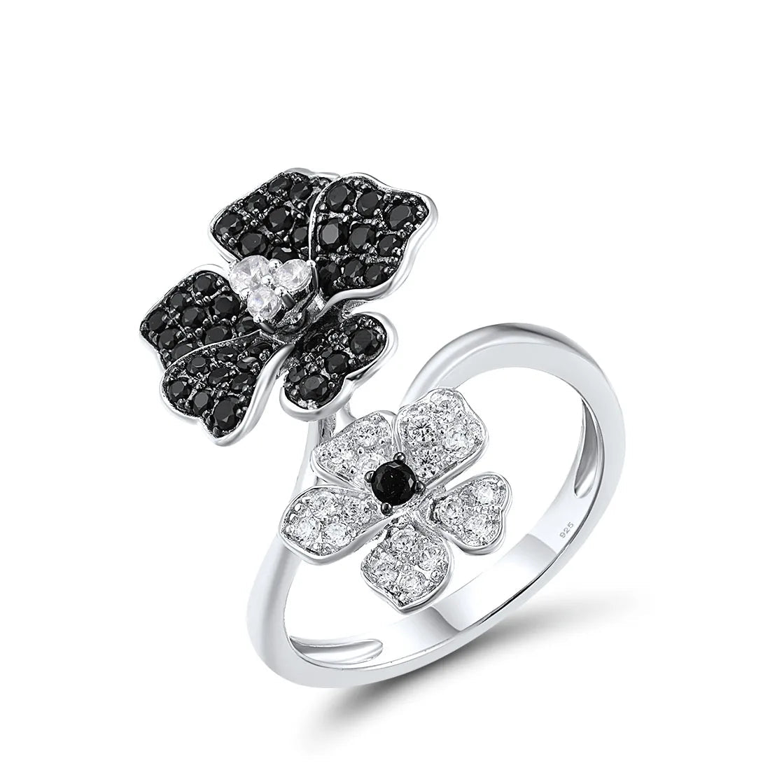 Sterling silver open ring with black and white crystal-studded flowers, part of the Rosa Nera collection.