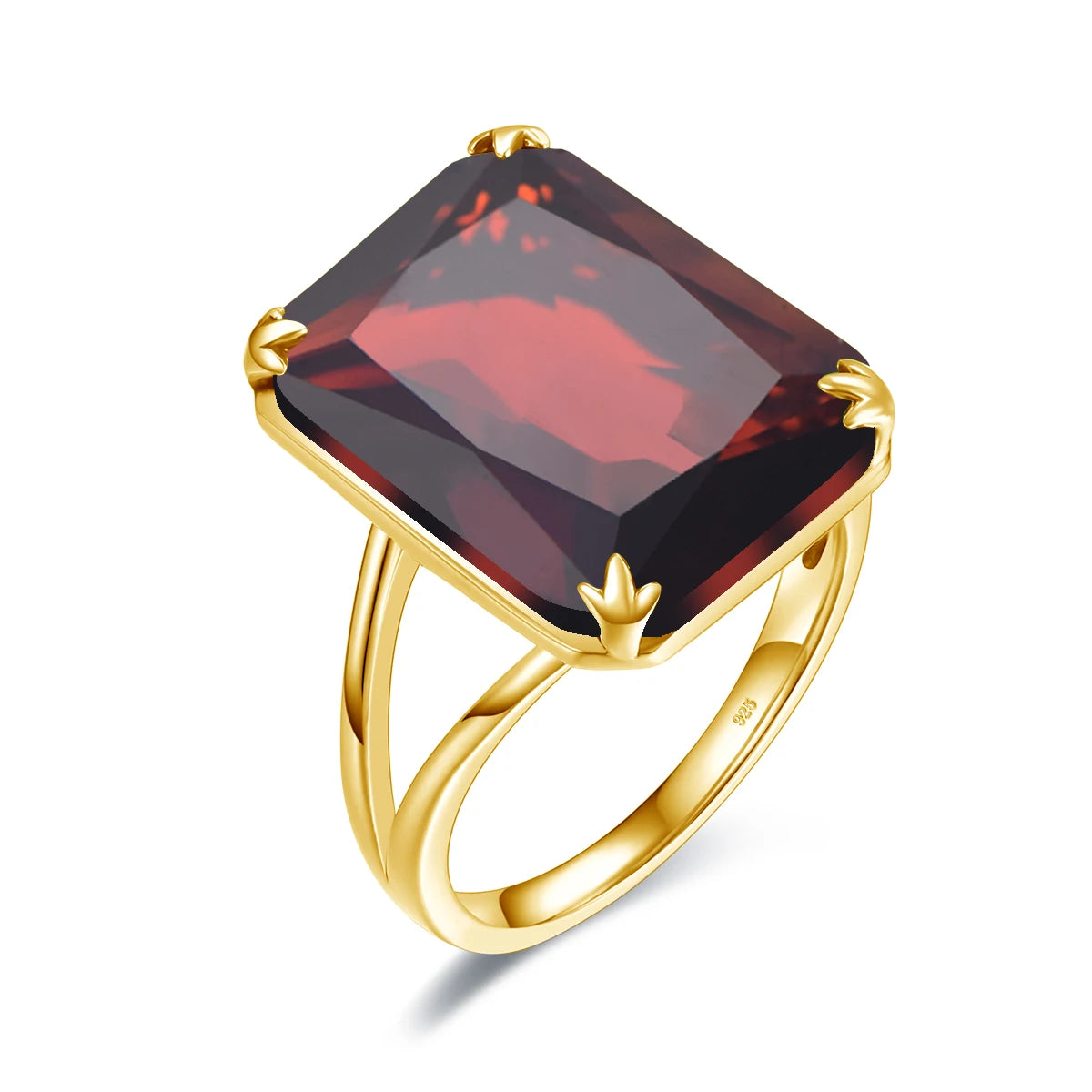 Three bold square-cut gemstone rings in red, crimson, and soft rose pink, set in gold-plated bands from the Rossa collection.