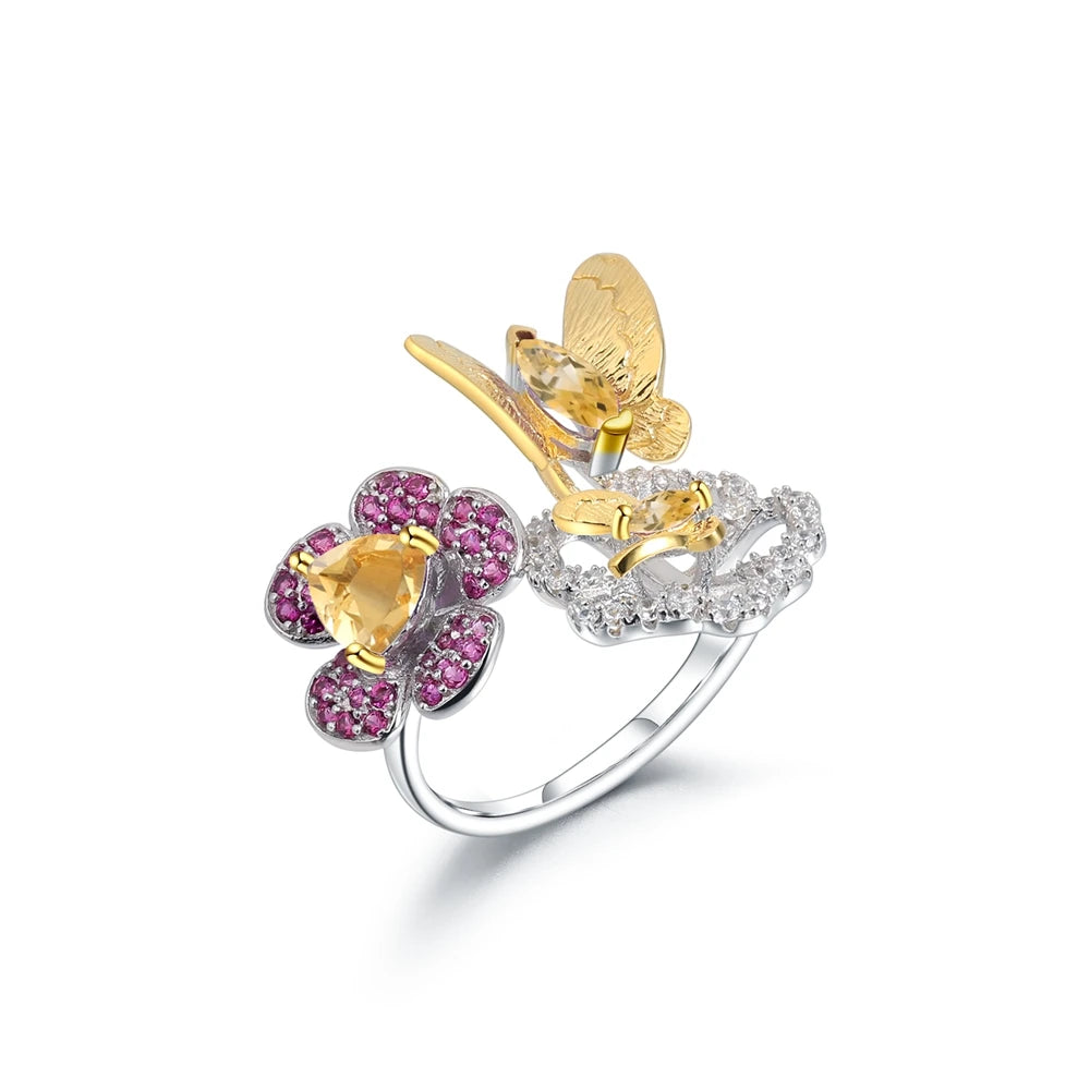 Open floral ring with red gemstone flowers and butterflies in silver and gold tones from the Rossa Collection.