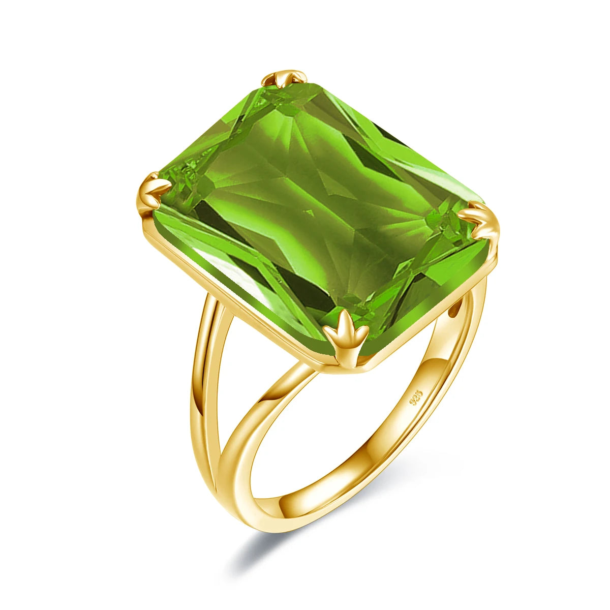 Two bold green gemstone rings with gold bands, one deep emerald green and the other a lighter peridot tone