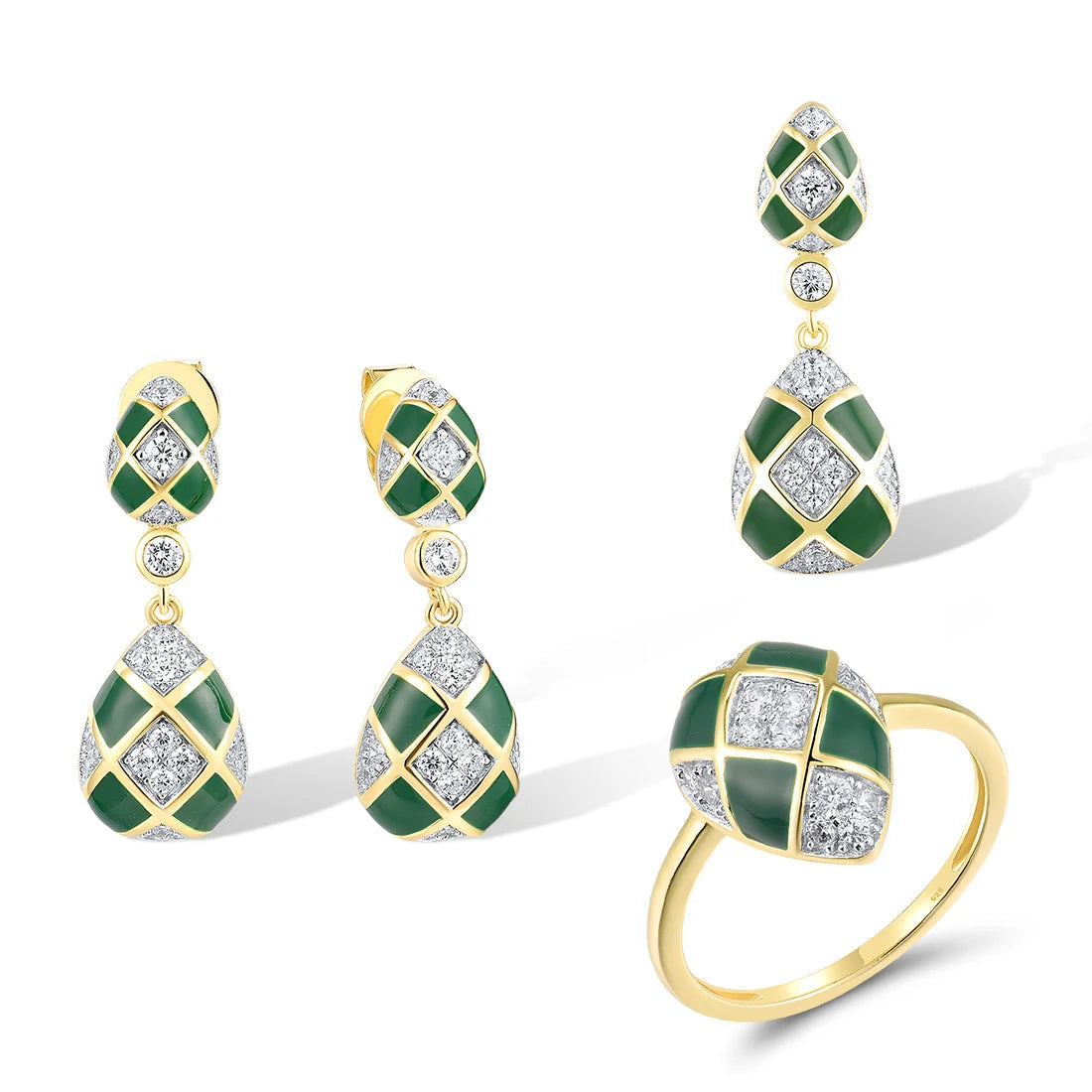 Gold and green checkered jewelry set with teardrop shapes and pavé white stones