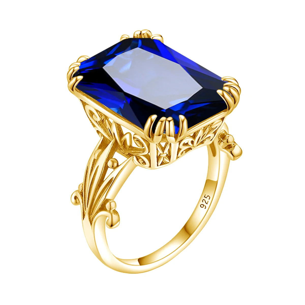 Gold rings with large square-cut gemstones in amethyst purple, deep sapphire blue, icy aquamarine, and bright sky blue on a light blue background