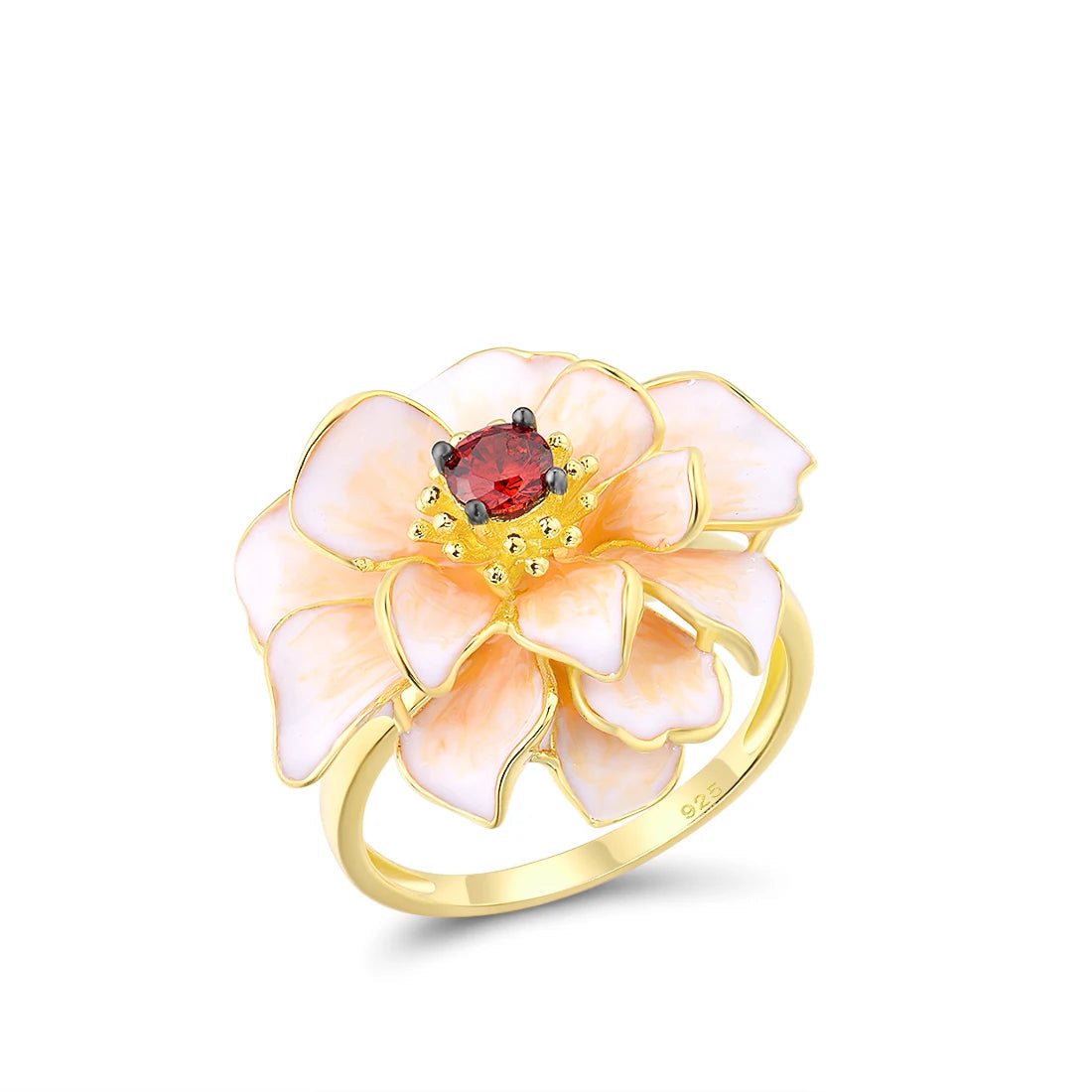 Gold ring with layered white enamel flower petals and a red gemstone at the center.