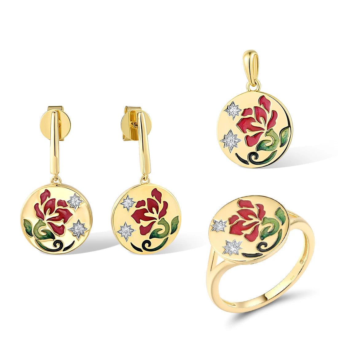 Gold jewelry set featuring red and green floral enamel design on round medallion earrings, pendant, and ring.