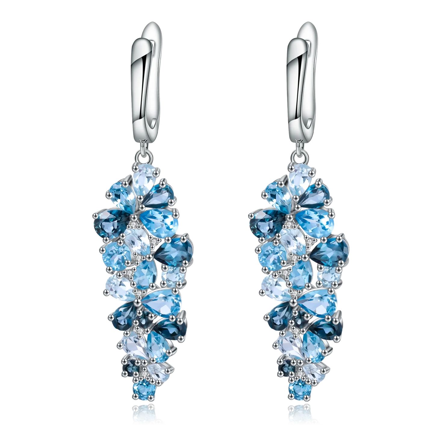 Silver drop earrings with clusters of marquise and pear-cut blue gemstones in varying shades