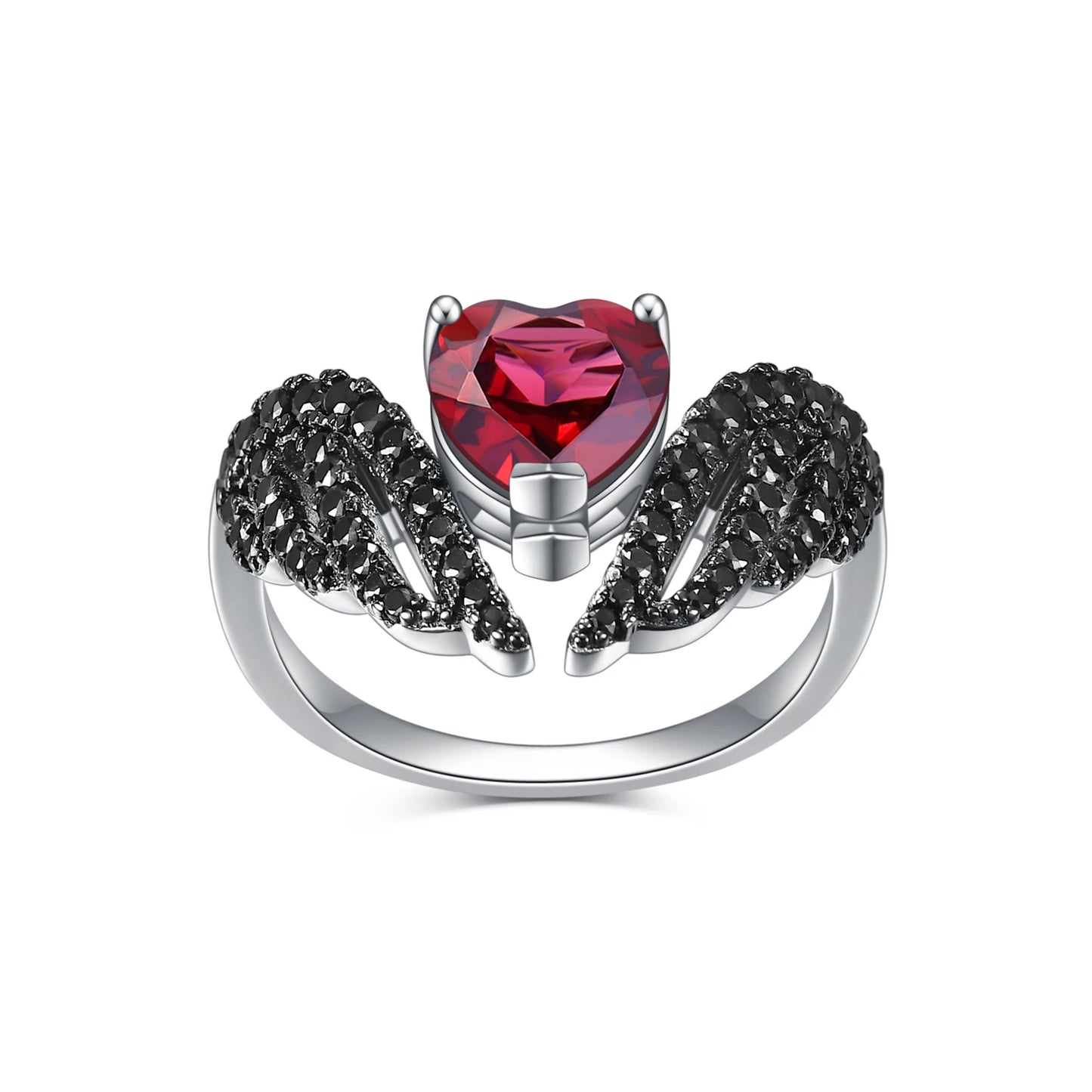 Sterling silver ring with a heart-shaped black gemstone flanked by pavé-set wing-like details, from the Ali Nere design.