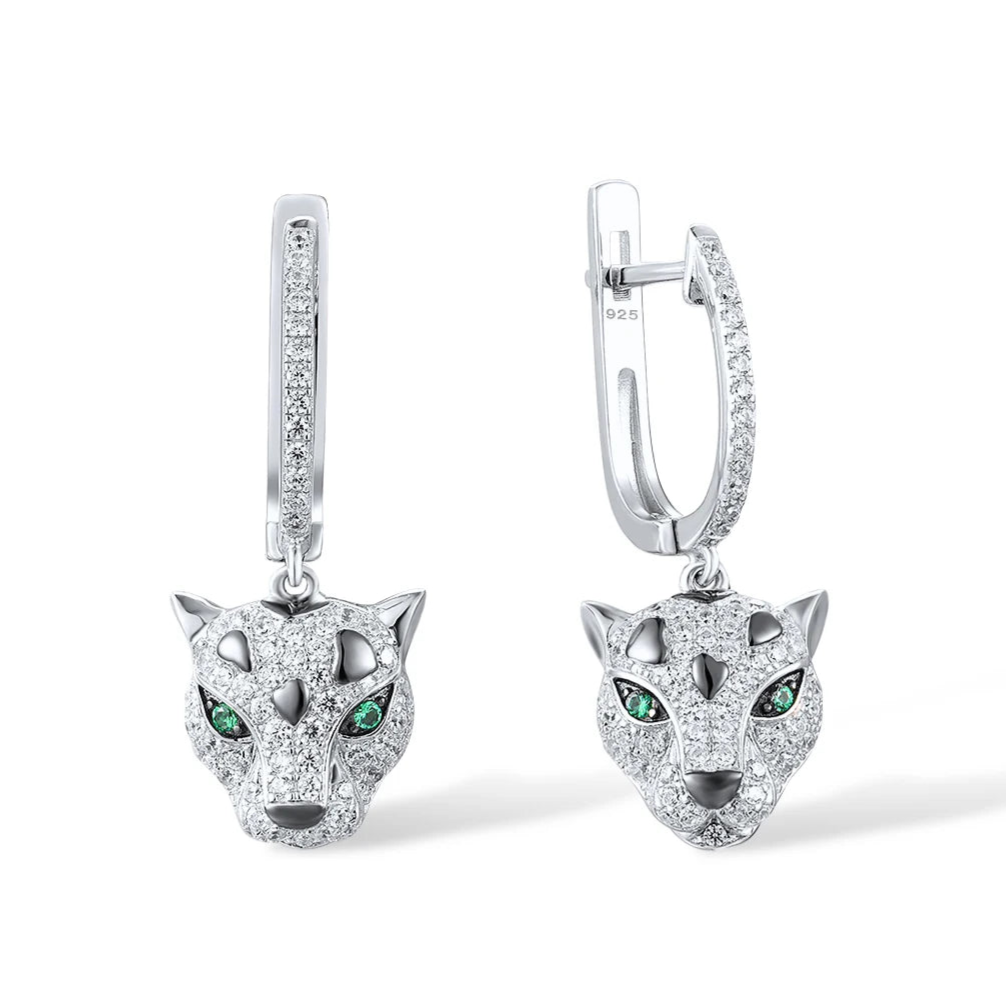Panther head drop earrings with pavé setting and green gemstone eyes
