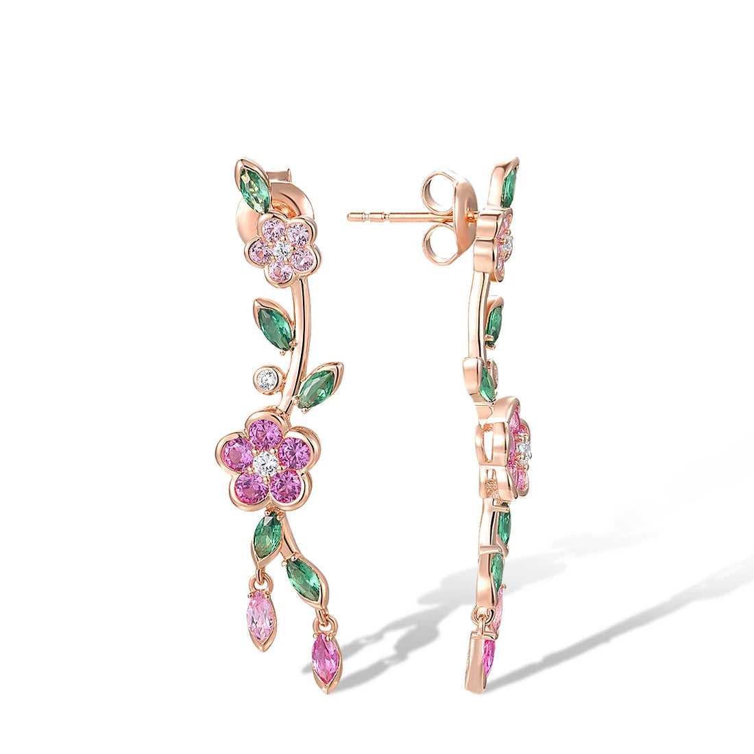 Fiore di Vite earrings with pink flower-shaped stones, green marquise-cut leaves, and delicate drop accents.