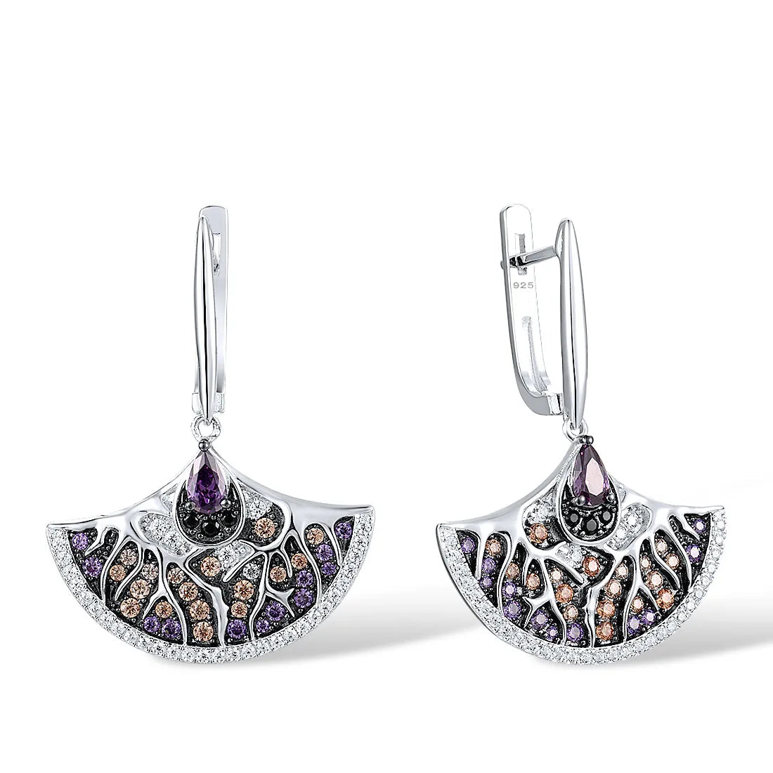 Silver fan-shaped earrings with teardrop amethyst and multicolour pavé detailing