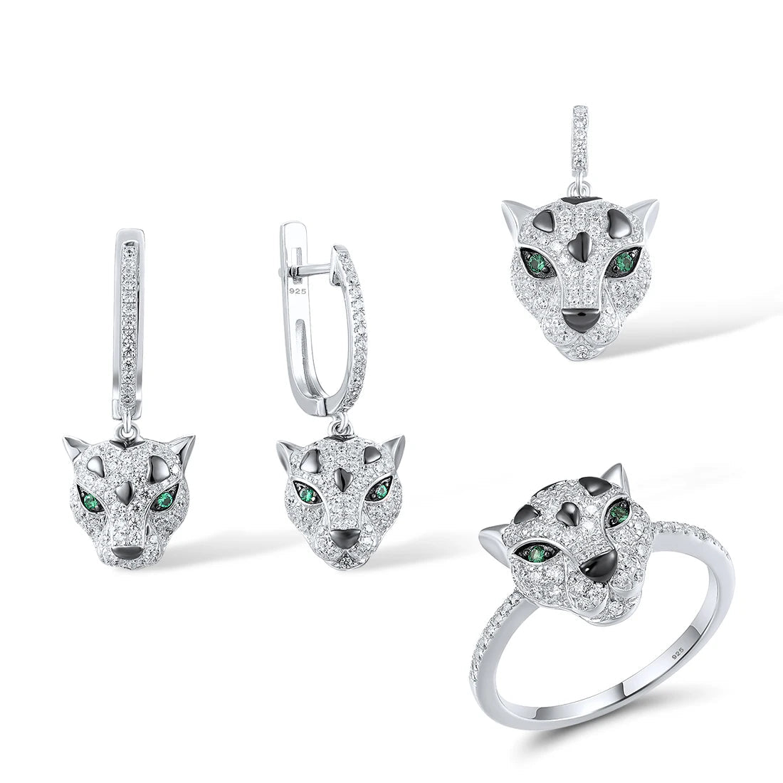 Jewelry set featuring panther head designs with pavé detailing and green gemstone eyes