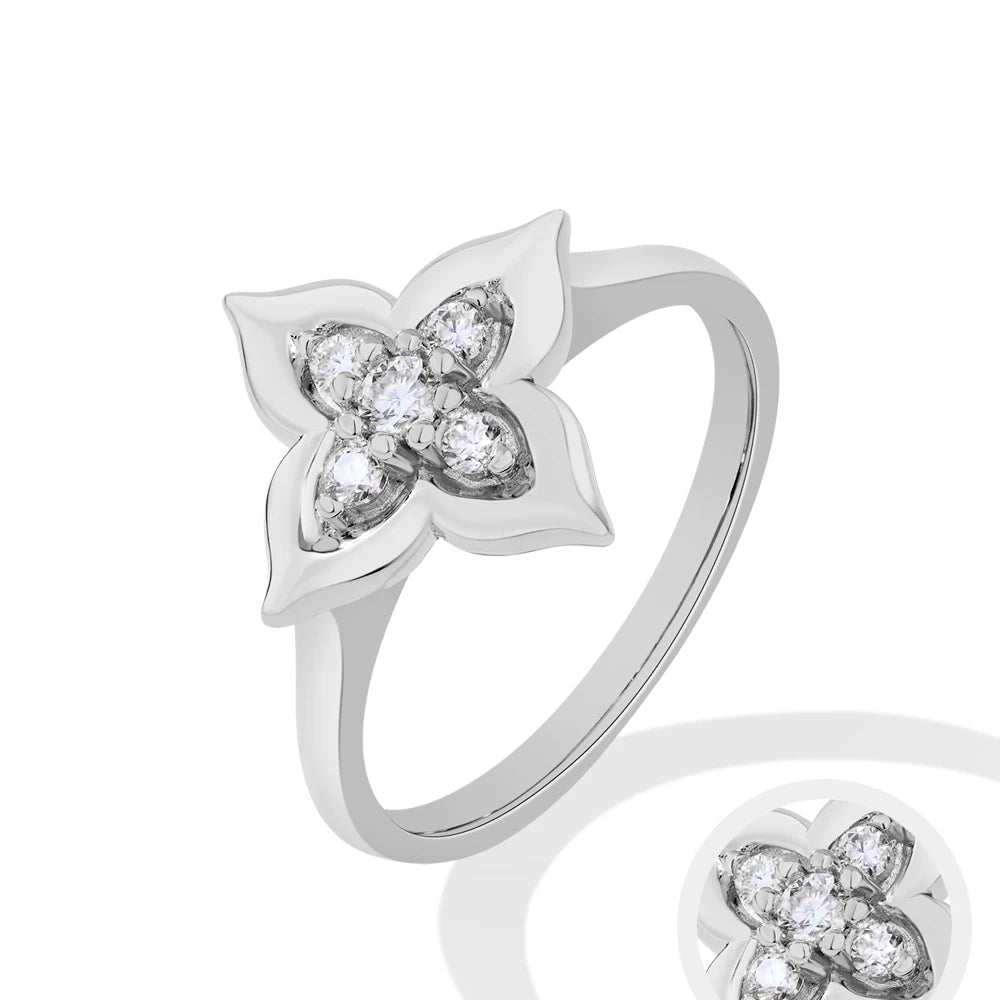 Moissanite floral ring in white gold and yellow gold plating, shown on hand and styled in various settings