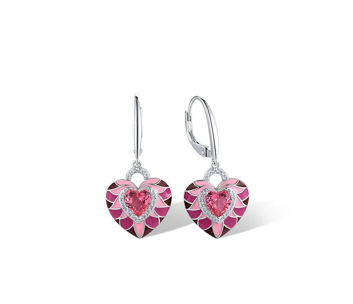Parete del Cuore jewelry set featuring heart-shaped pink enamel and crystal designs in silver-tone settings, including earrings, pendant, and ring.