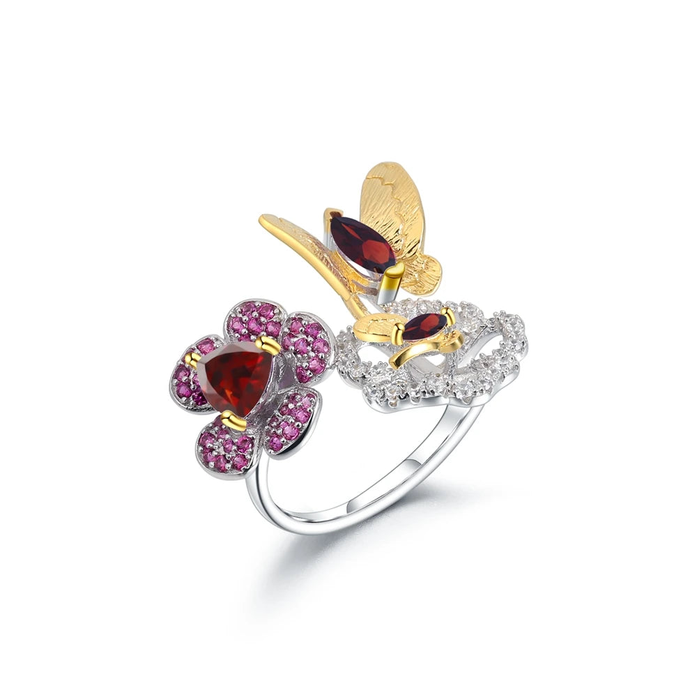 Open floral ring with red gemstone flowers and butterflies in silver and gold tones from the Rossa Collection.