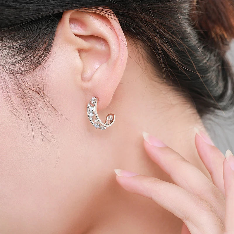 Silver hoop earrings with scattered opalescent and clear stones set in a textured band