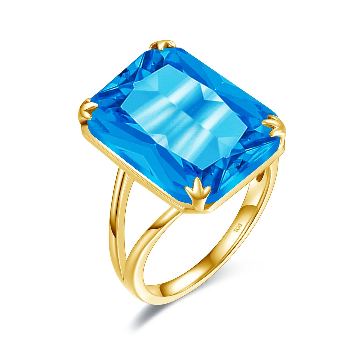 Gold rings with large square-cut gemstones in amethyst purple, deep sapphire blue, icy aquamarine, and bright sky blue on a light blue background