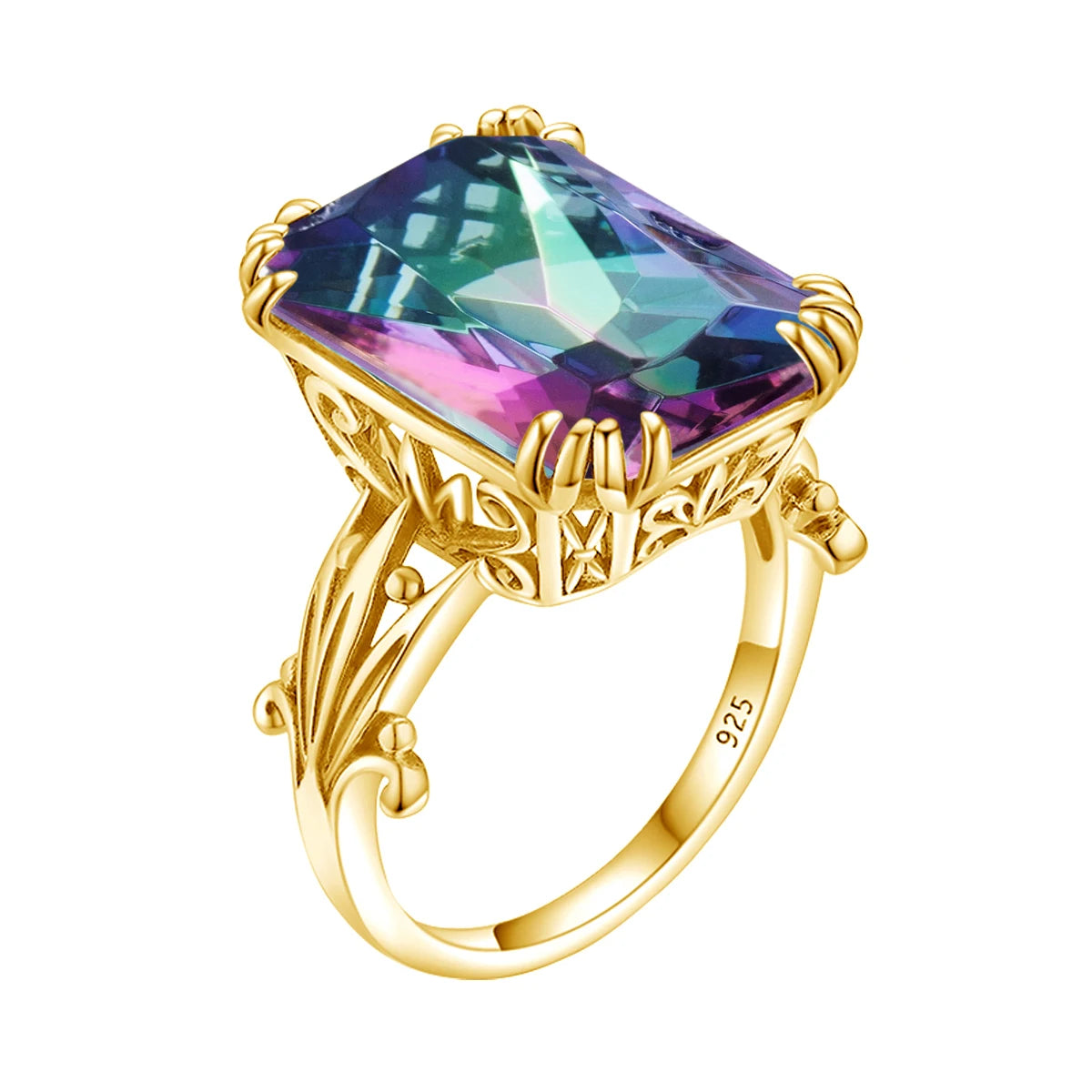 Gold rings with large square-cut gemstones in amethyst purple, deep sapphire blue, icy aquamarine, and bright sky blue on a light blue background