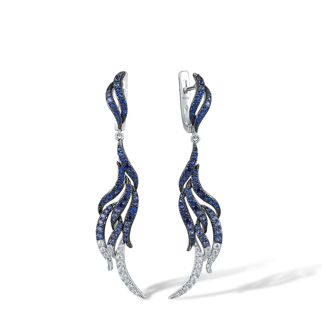 Sterling silver drop earrings with blue and white crystal feather design
