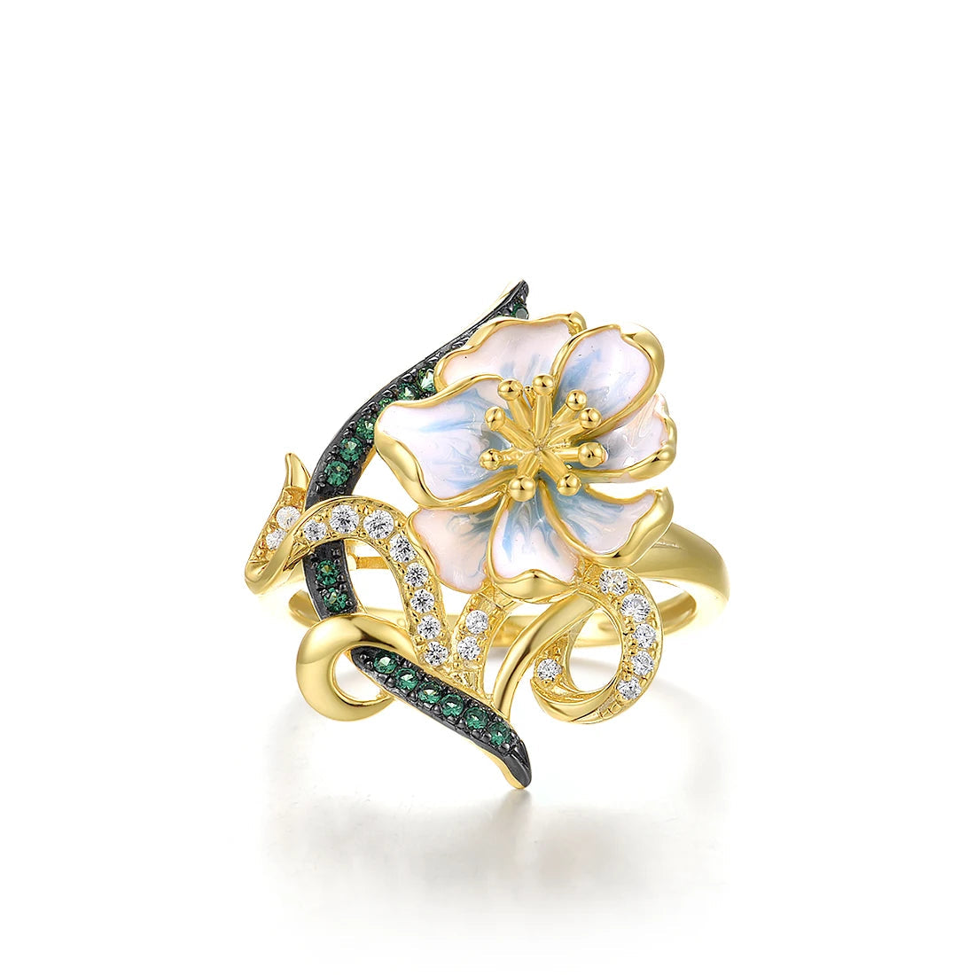 Gold ring with pastel enamel flower, green and clear stones on entwined vine-like details, from the Nastro Verde line.