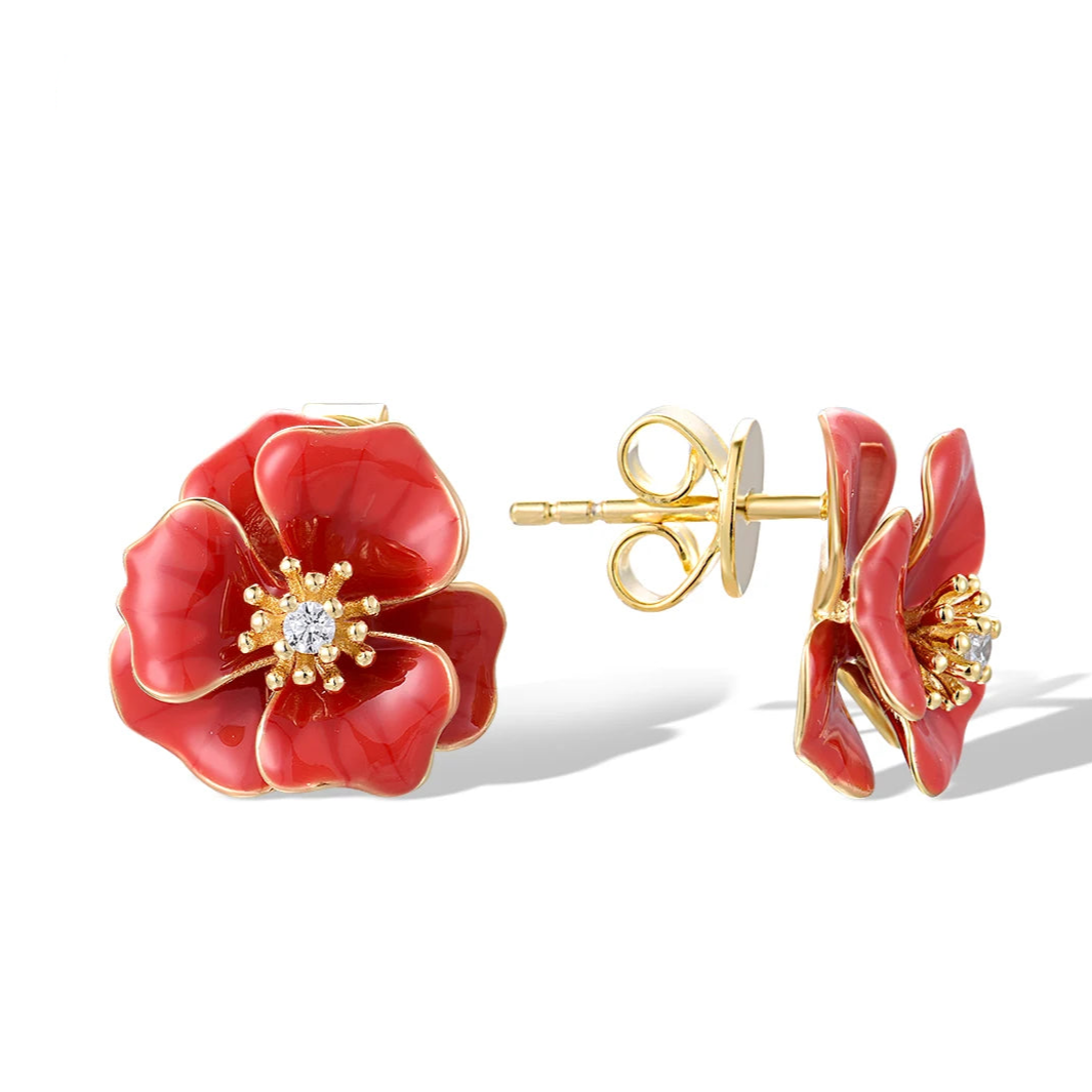 Pair of red enamel flower stud earrings with golden stamens and central clear stones, Rosa Rossa from the Rossa Collection.