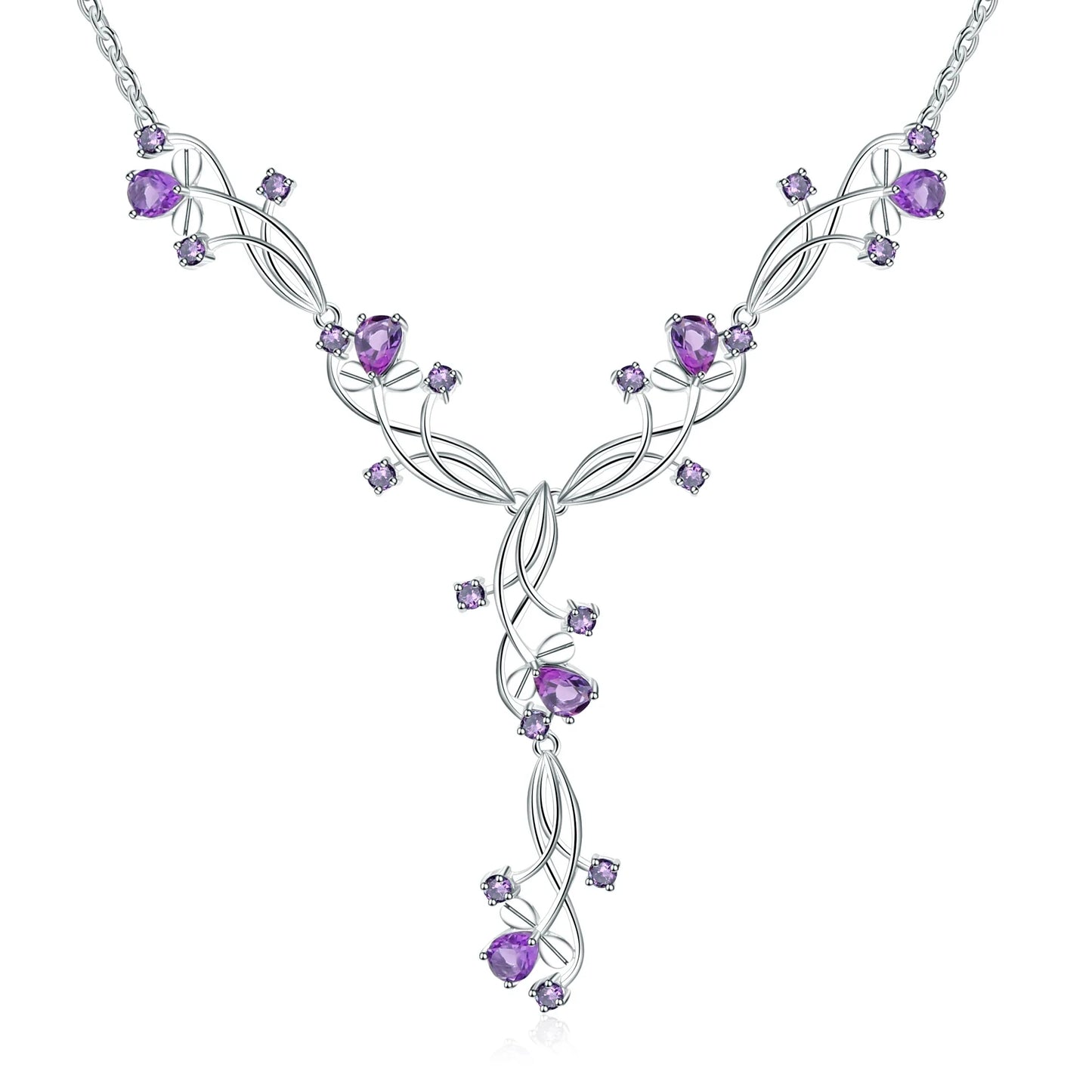 Sterling silver necklace with intertwining strands and purple gemstones arranged in a delicate cascading floral design