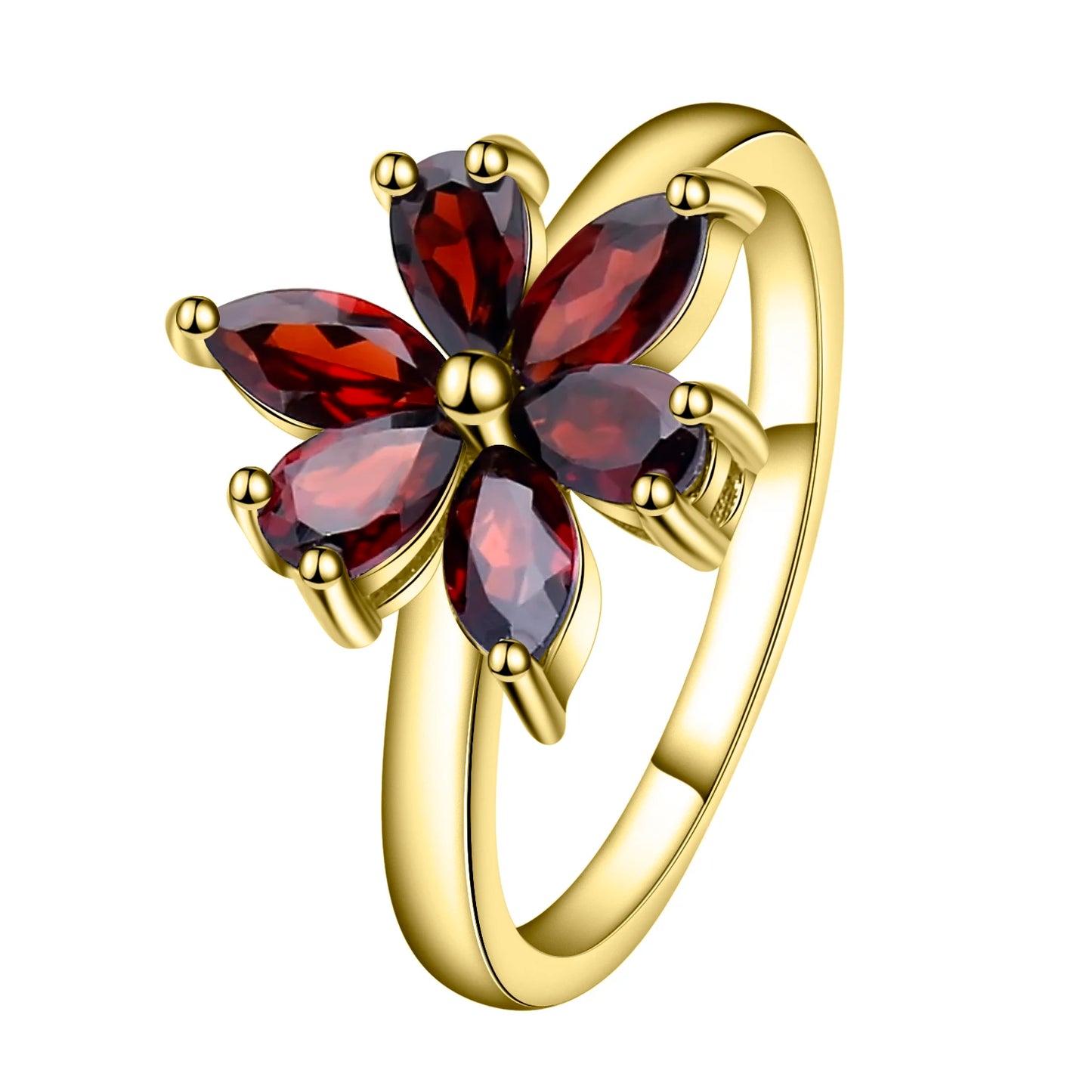 Silver ring featuring a flower design made of six marquise-cut deep garnet-red stones, from the Rossa Collection.