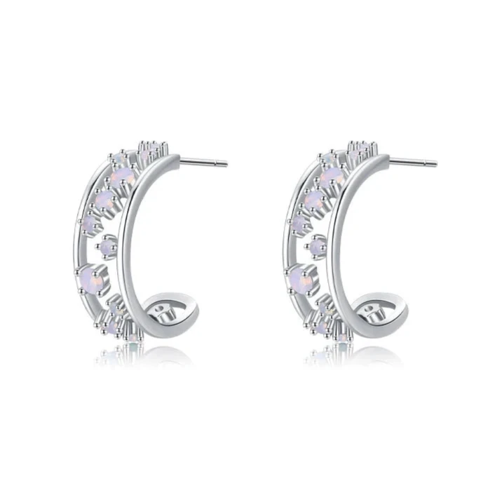 Silver hoop earrings with scattered opalescent and clear stones set in a textured band