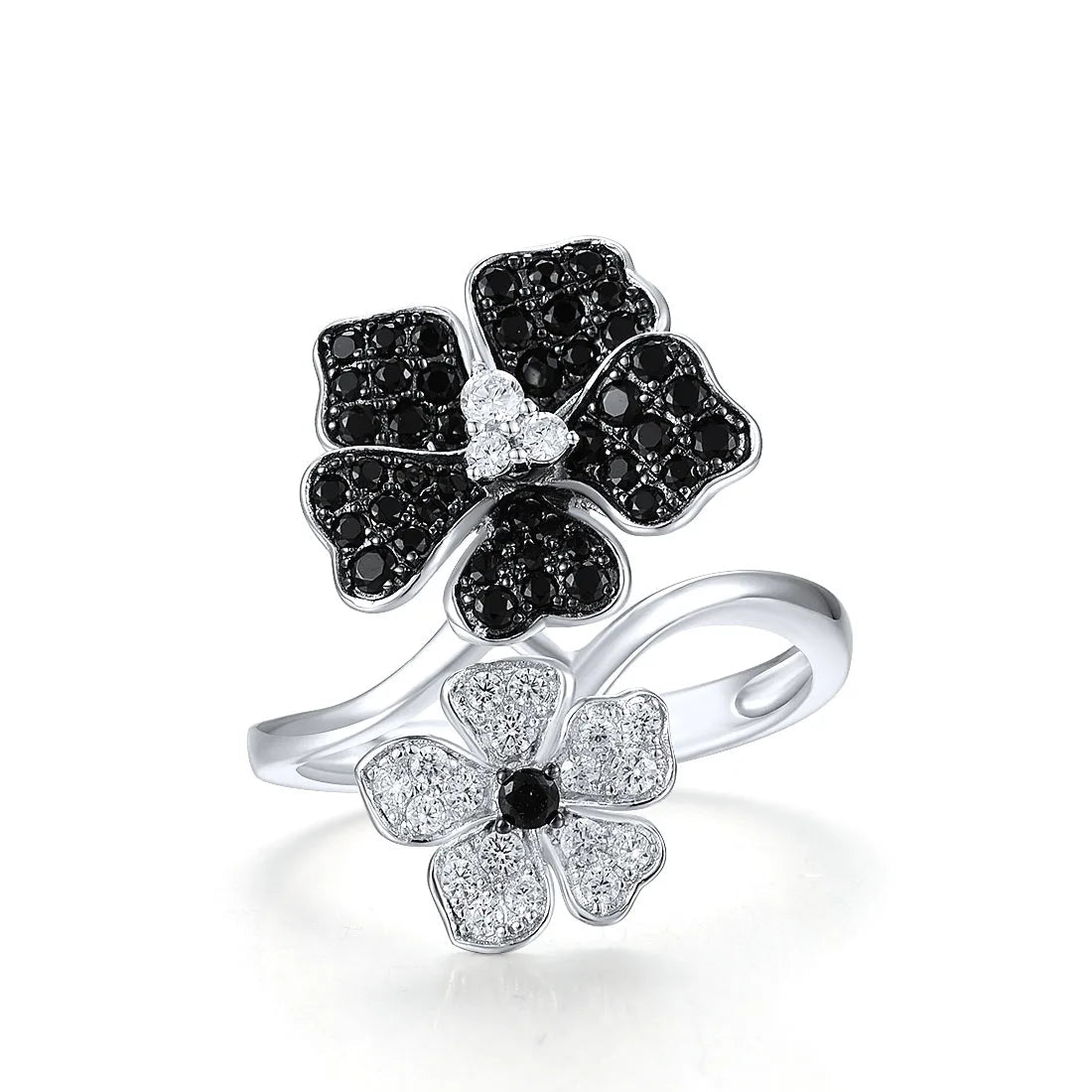 Sterling silver open ring with black and white crystal-studded flowers, part of the Rosa Nera collection.