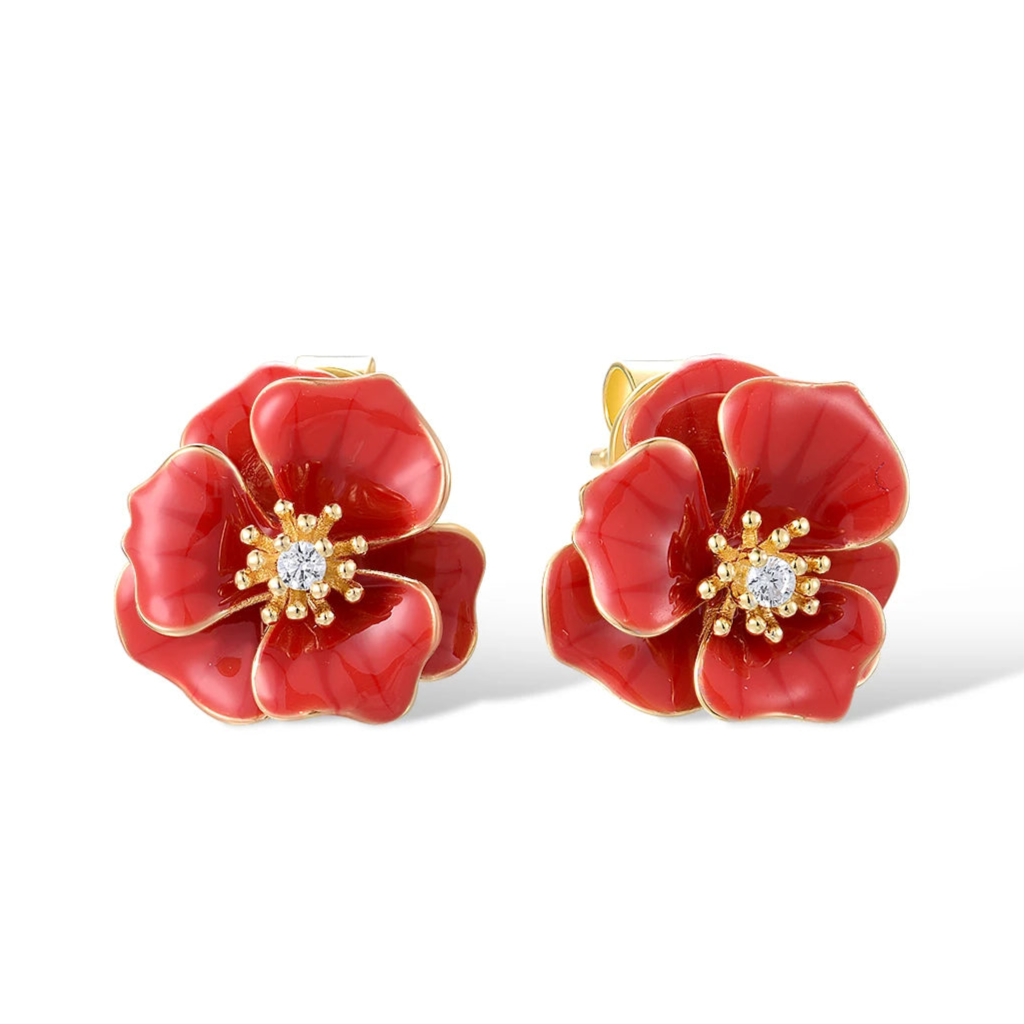 Pair of red enamel flower stud earrings with golden stamens and central clear stones, Rosa Rossa from the Rossa Collection.