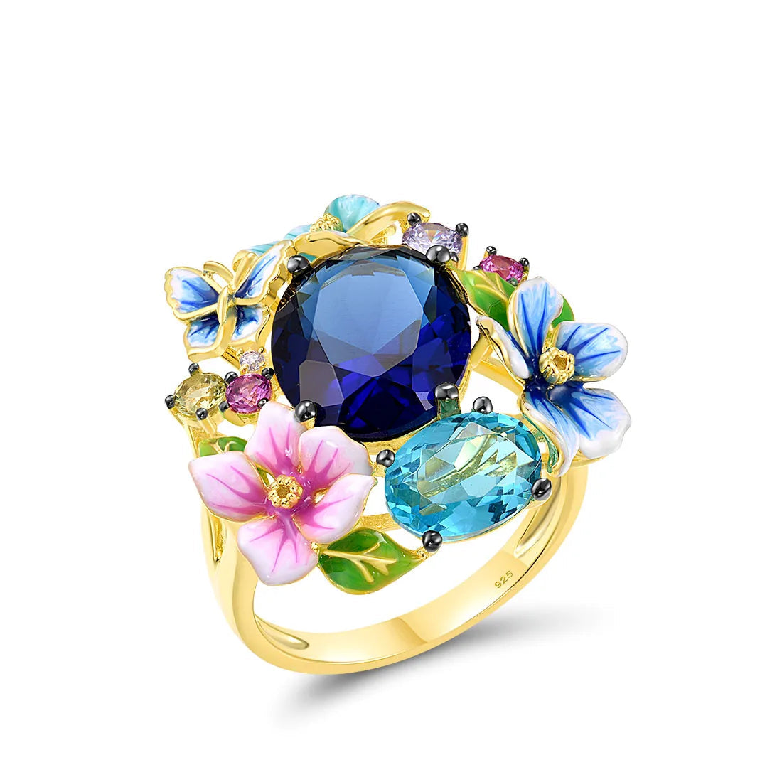 Gold-plated ring with a vibrant cluster of multicoloured enamel flowers, butterflies, and deep blue and aqua gemstones