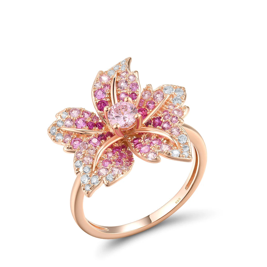 Rose gold floral ring with layered petals embellished in pink and white stones.